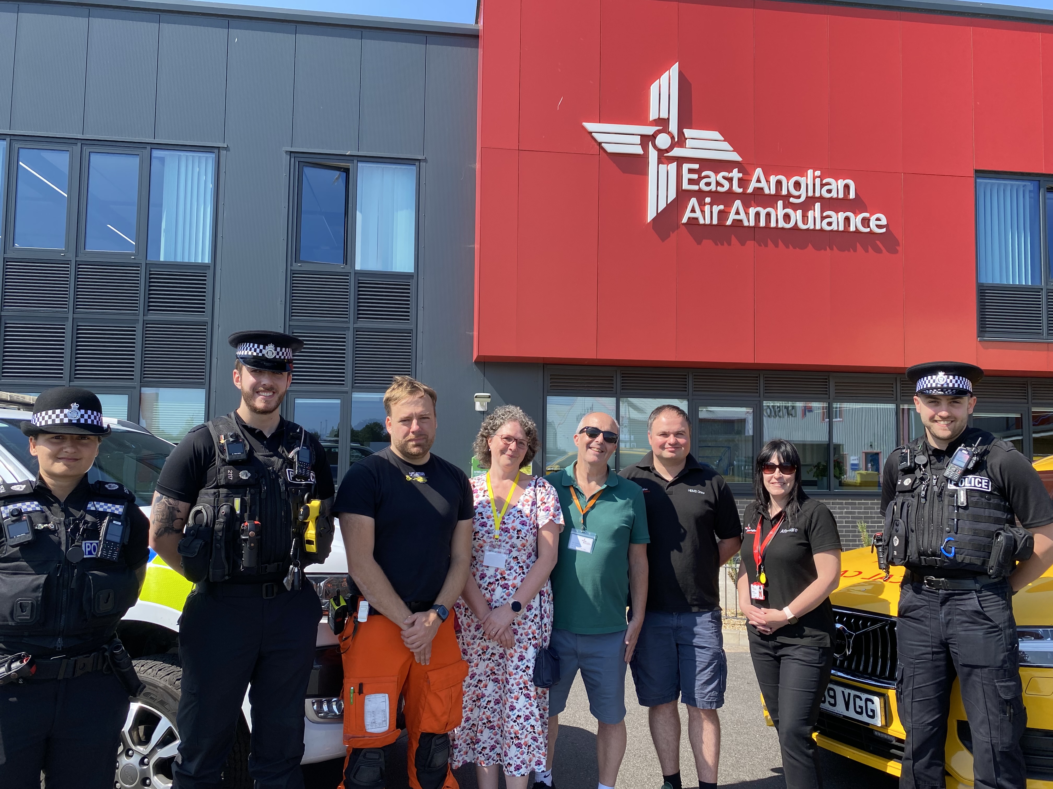 Julia and David at Helimed House to meeting the emergency services who attended them.