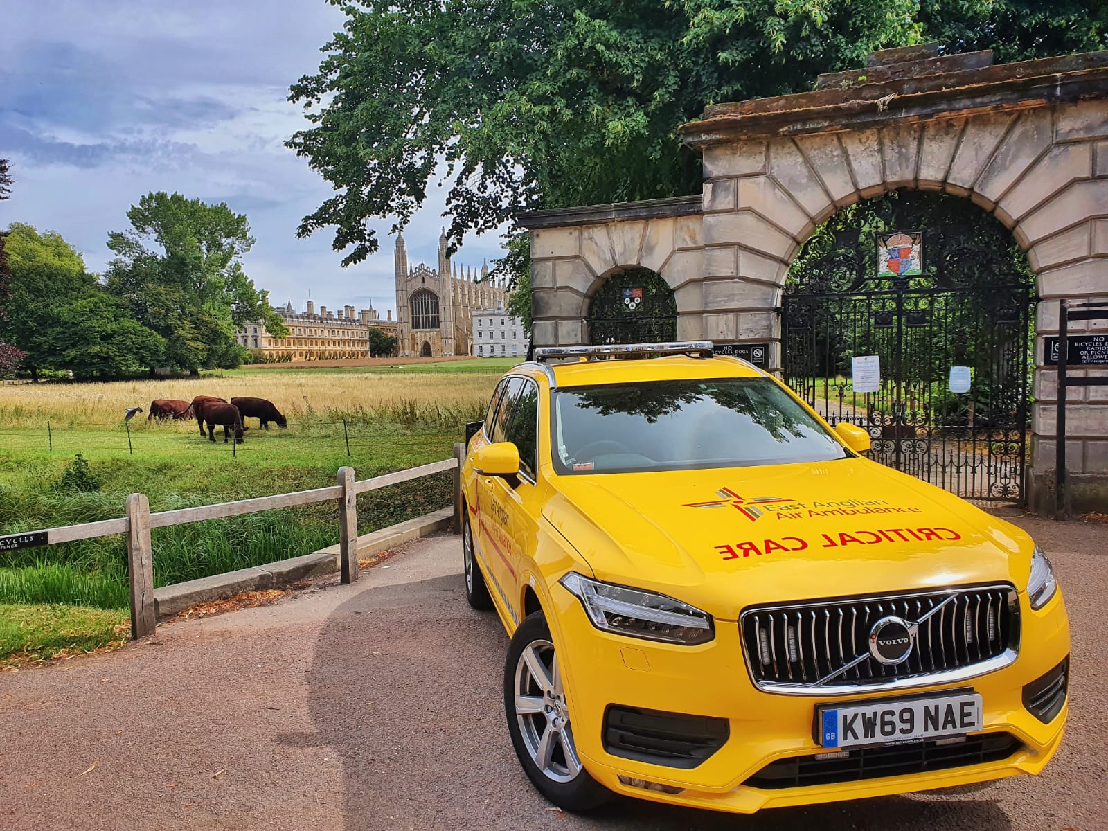 Yellow critical care car parked in Cambridge