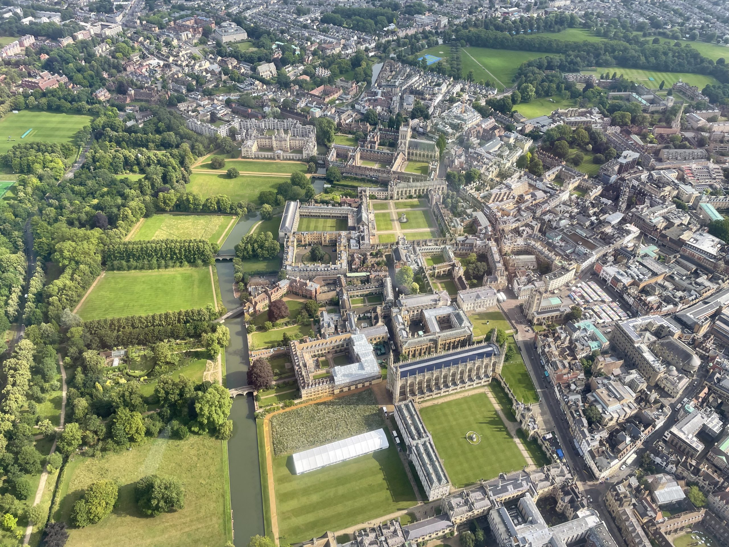 view of Cambridge university from helicopter