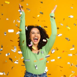 Woman celebrating lottery win